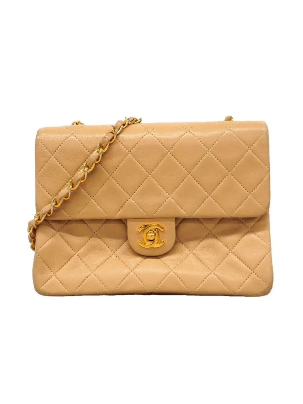 Chanel Shoulder Bag Quilted Lambskin Beige Gold